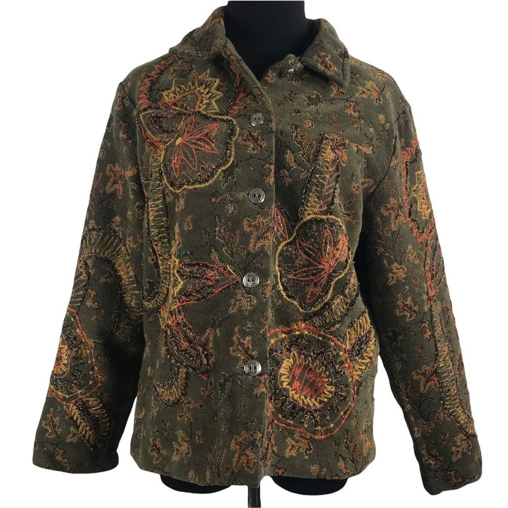Coldwater Creek Tapestry Fall Colors Leaves Chenille Green Orange Jacket Large P